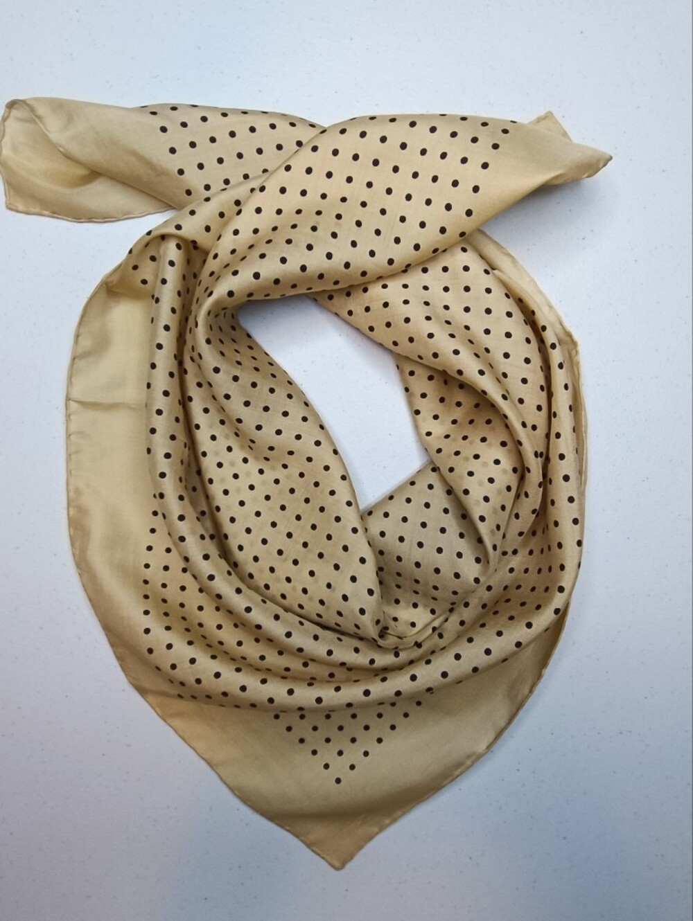 Vintage Pure Silk Square Scarf Tan Black Polka Dot Hand Rolled 26"